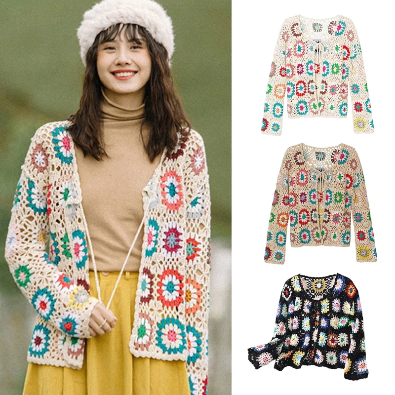 Retro Floral Cardigan Hollow Out Crochet Casual Open Front Tops for Women Girl