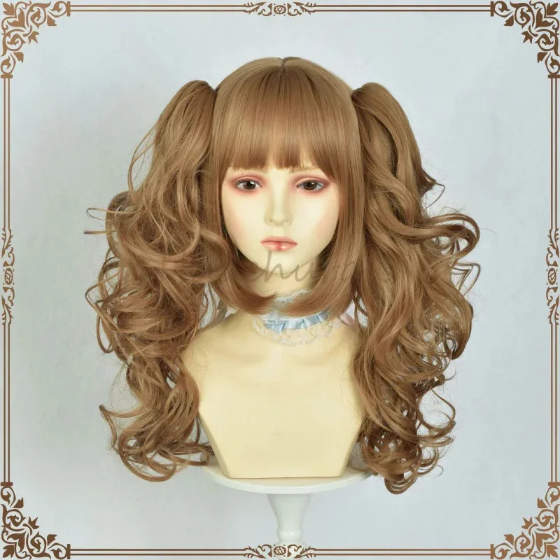 Cosplay marrón oscuro elegante Vintage rizo romano cola de caballo pares de fibra resistente al calor señora tigre boca Clip peluca completa-