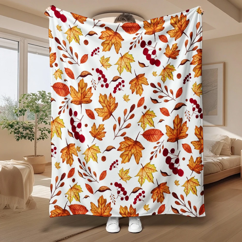 Autumn Leaves Pattern, for Home Or Gift, Blanket, Vibrant Orange And Red Maple Leaves with Berries on White Background, Living R