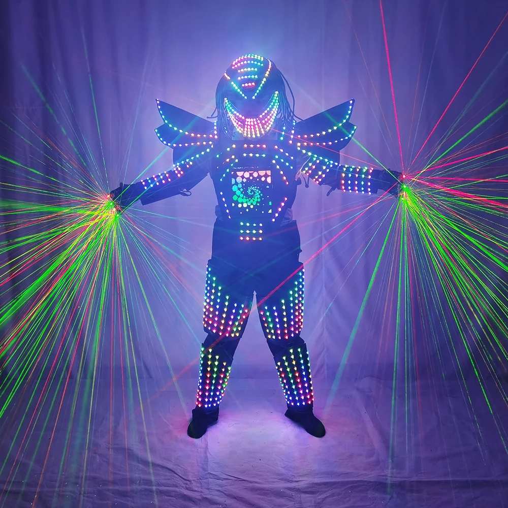 Pixels LED Robot Suit, Full Color Change, Stage Show, Singer Party Performance Wear, Helmet with Laser Gloves