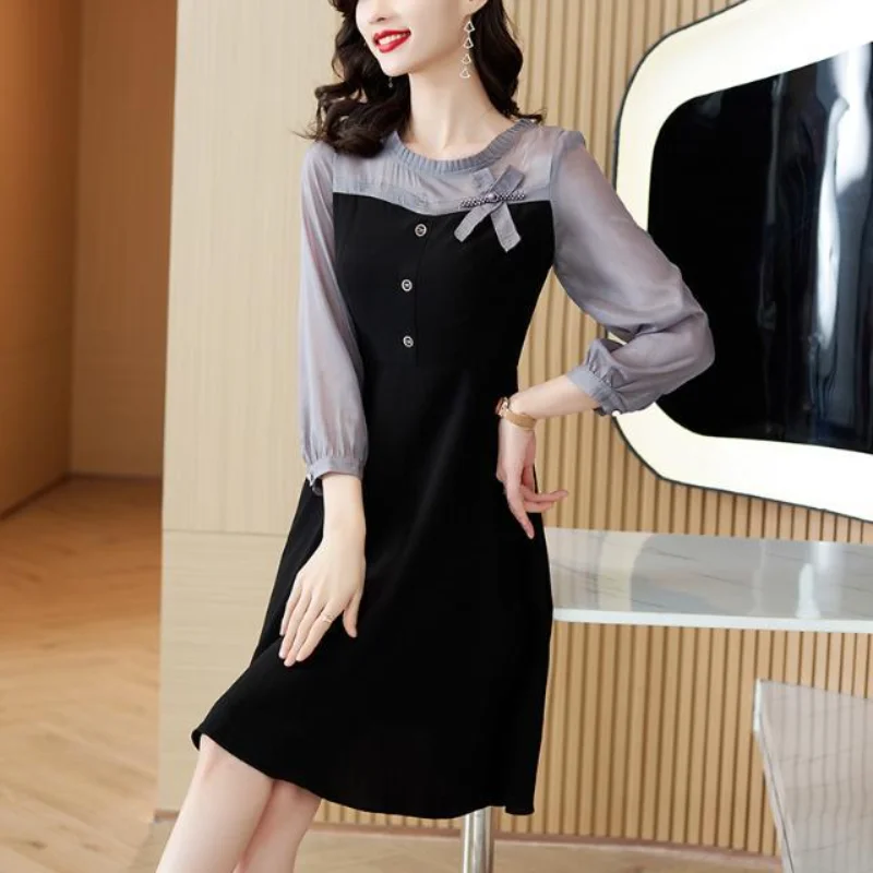 Vestido de chiffon de manga comprida para mulheres novas roupas de outono, cintura abraçando, estilo de comprimento médio