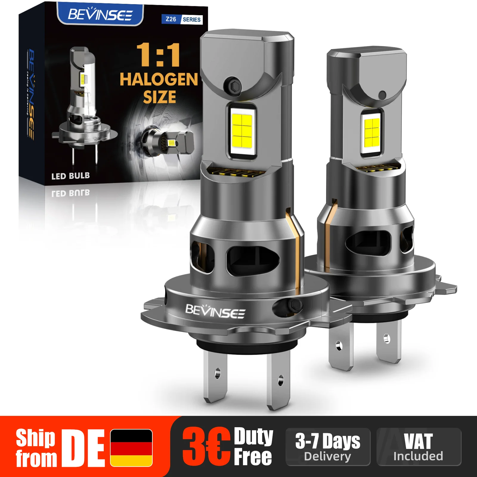 Image of BEVINSEE H7 LED CANBUS Glühbirne, superhell, 70 W, 12000 lm, 1:1-Halogengröße, H7-LED-Scheinwerfer, automatische Diodenlampe, Turbo, kabellos, 6000 K, 12 V