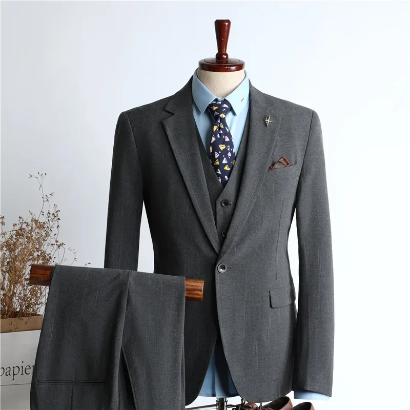 (25) Men\'s Three-piece Suit, Blue Striped Korean Style, Slim and Handsome Wedding Dress