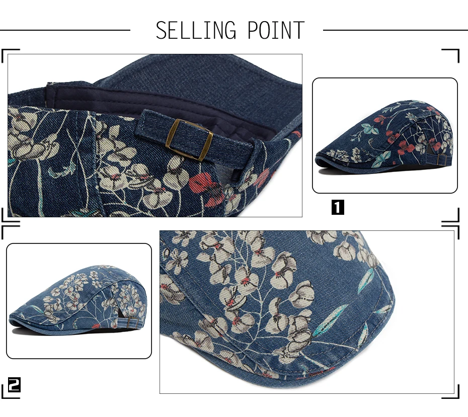Neue Vintage Print Denim Baskenmütze Frauen Männer Baumwolle Zeitungsjunge Mütze Casual Visier Mode Flachen Hut Einstellbare Berets Für Frühling Herbst – Detail 2