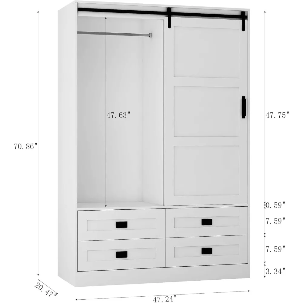 Armario alto de madera con puerta corrediza de Granero, armario con 4 cajones para dormitorio, armario de almacenamiento de ropa ajustable