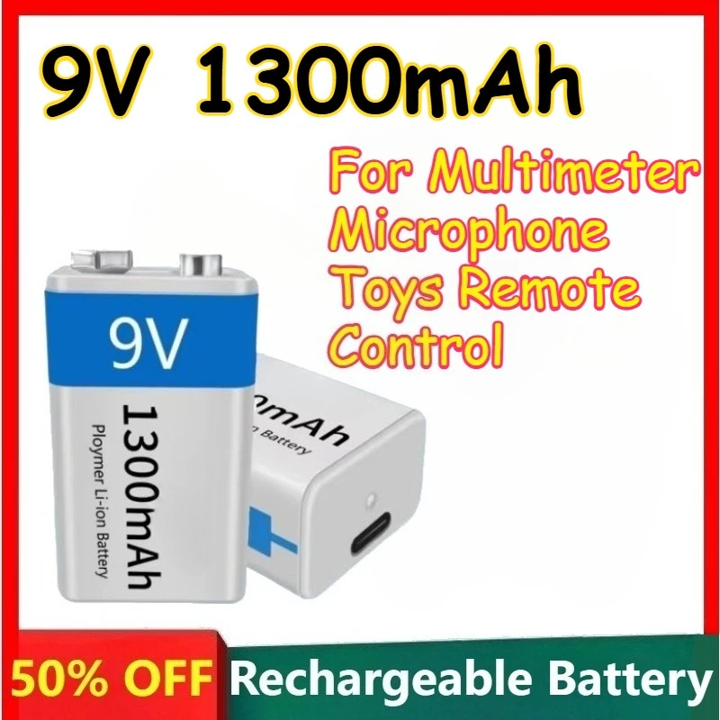 

2Pcs 9V 1300mAh Lithium Ion Rechargeable Battery with Micro USB Suitable for Multimeter Microphone Toys Remote Control