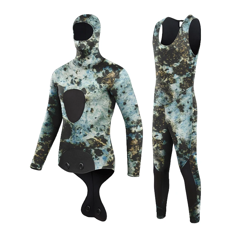 STLF-traje de neopreno de camuflaje superelástico para hombre, traje de buceo y pesca submarina con capucha de 2 piezas, manga larga, patrón personalizado, 3mm/5mm