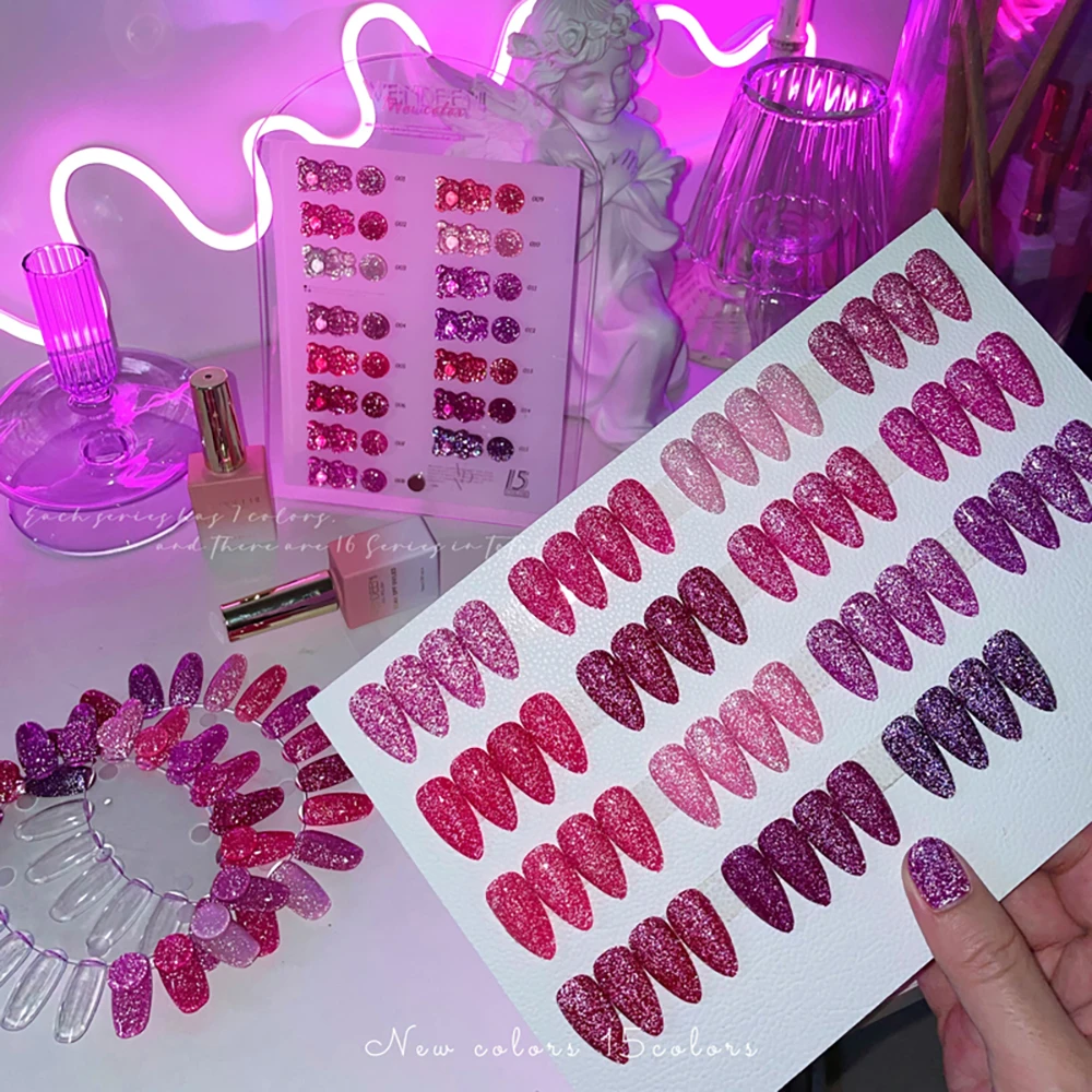 Vendeeni 15 Farben/Set Lila Glitzernder Diamant-Gel-Nagellack Reflektierender Glitzer UV LED Aushärtbarer Gel-Lack mit Display – Detail 3