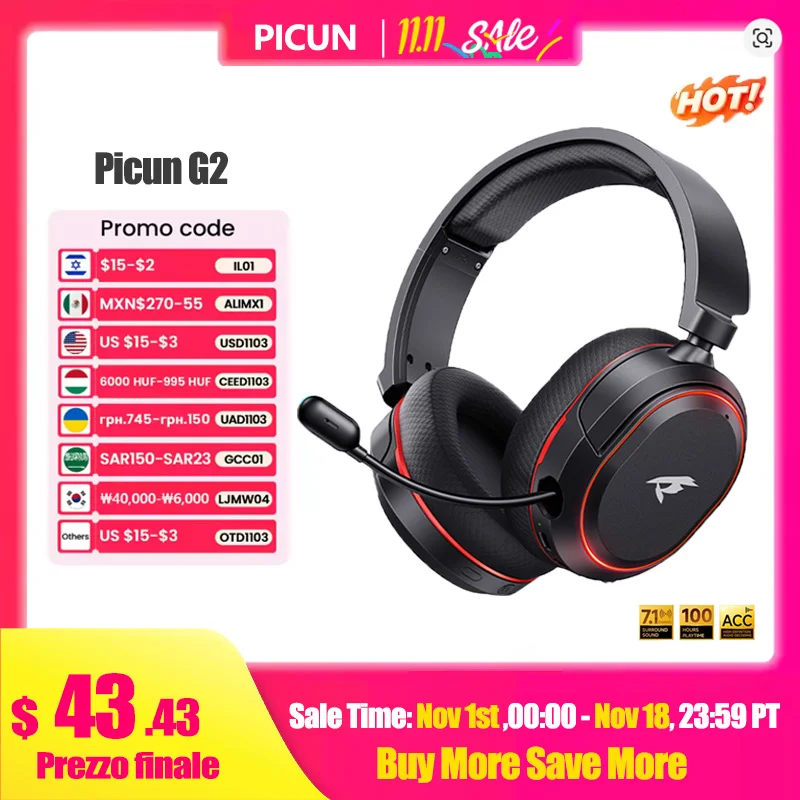 Picun G2 2.4GHz Bluetooth Wireless Gaming Headset For PC PS4 PS5 Phone Switch 5ms Low Latency 7.1 Surround Wired Headset ENC Mic