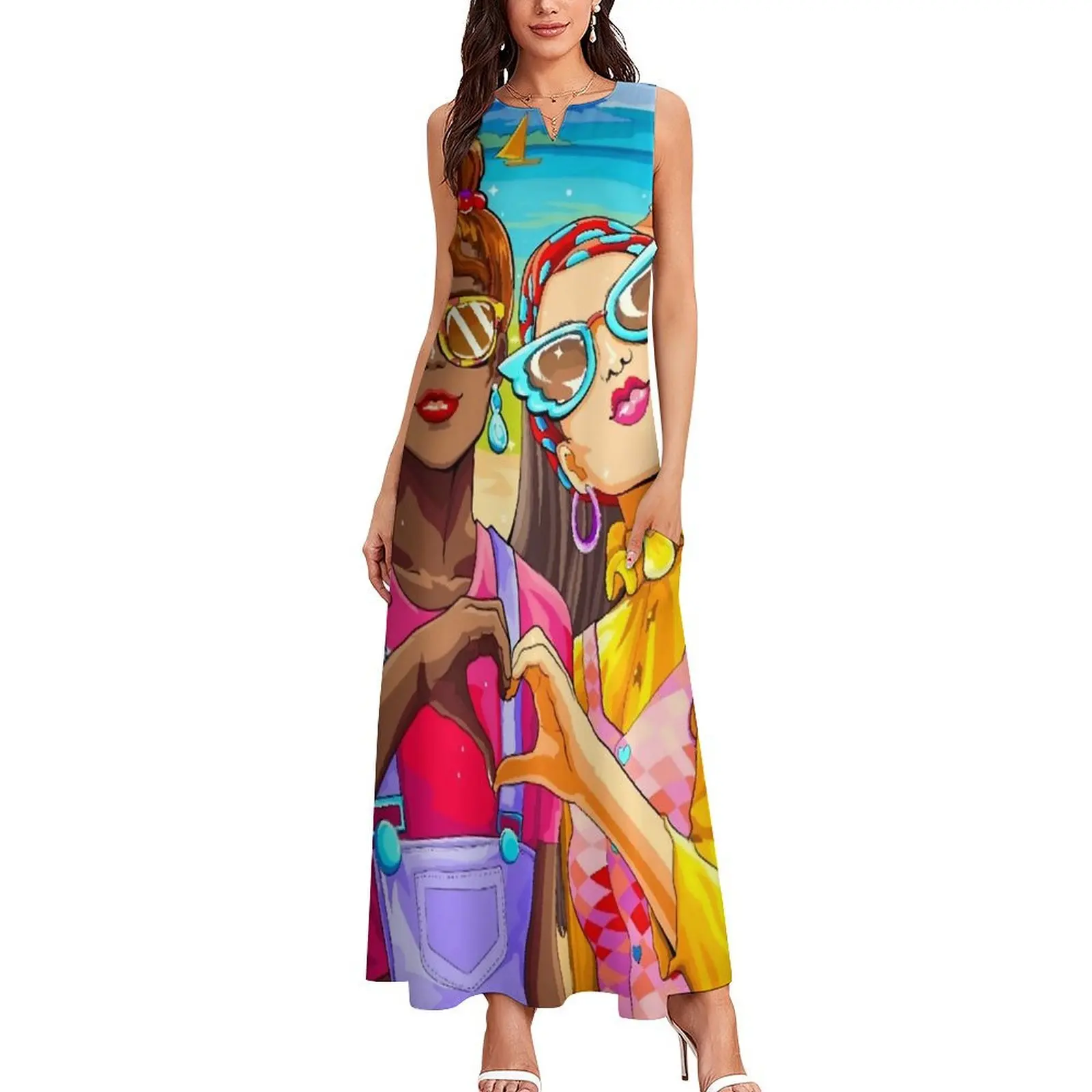 Cartoon Ladies Dress Travel Buddies Elegant Maxi Dress V Neck Custom Bohemia Long Dresses Aesthetic Oversized Clothing