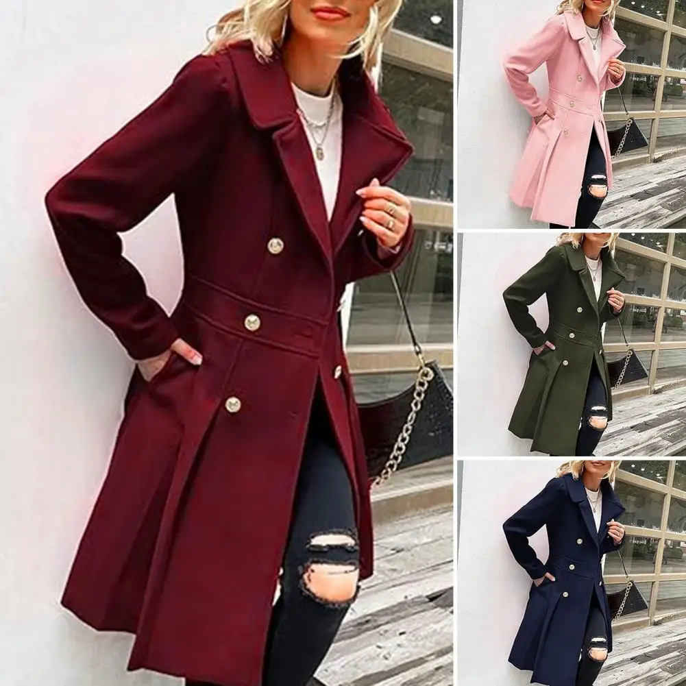 Mid-Length Woolen Women's Coat Double-Breasted Woolen Coats Trench Solid Color Autumn Winter Warm Outwear ﻿Thermal Long Sleeved