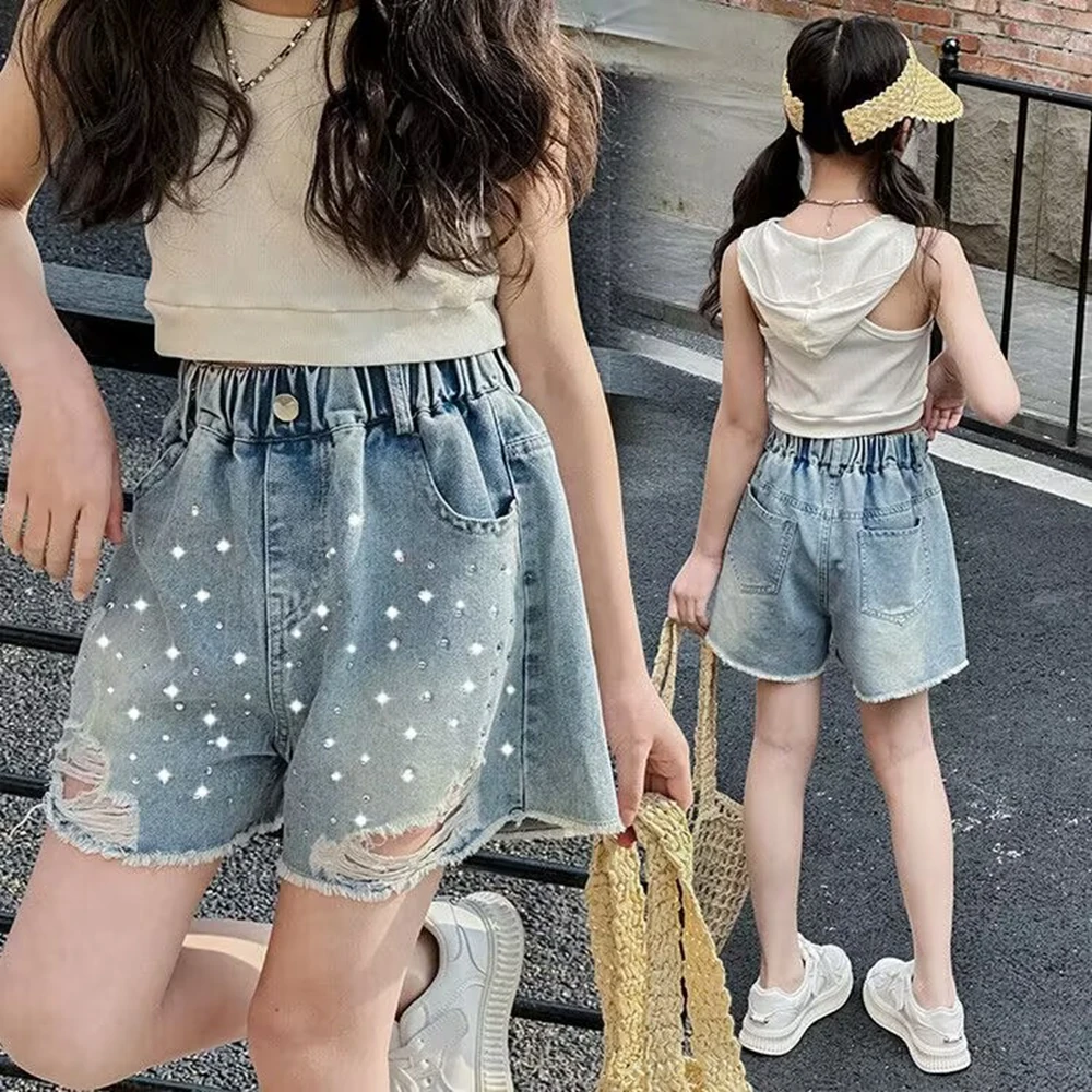 New Fashion Girl Ripped Denim Shorts with Crystals for Tween Kids Casual Jeans Shorts Child Summer Destroyed Rhinestone Shorts