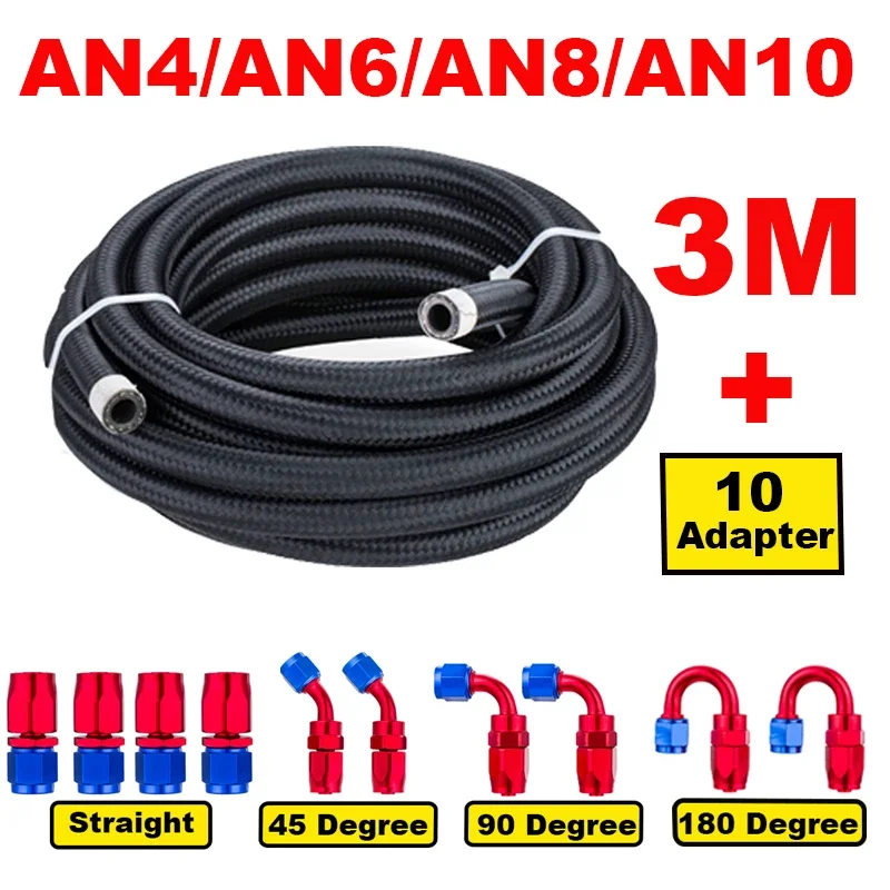 10FT 3M AN4 AN6 AN8 AN10 Fuel Hose Oil Gas Cooler Hose Line Pipe Tube Nylon Stainless Steel Braided Inside CPE Rubber W/ Adaptor