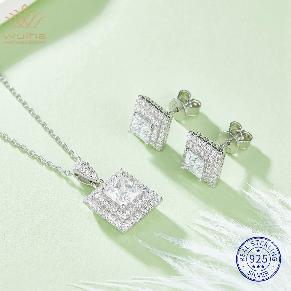 

WUIHA Princess Cut Moissanite Diamonds 925 Sterling Silver Anniversary Ring/Earrings/Pendant/Necklace Fine Jewelry Set Wholesale