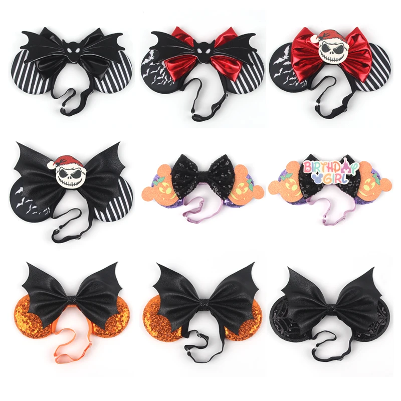 2024 Newest Halloween Disney Mickey Mouse Ears Adjustable Elastic Headbands For Girls Sequins Hair Bow Festival Party Cosplay