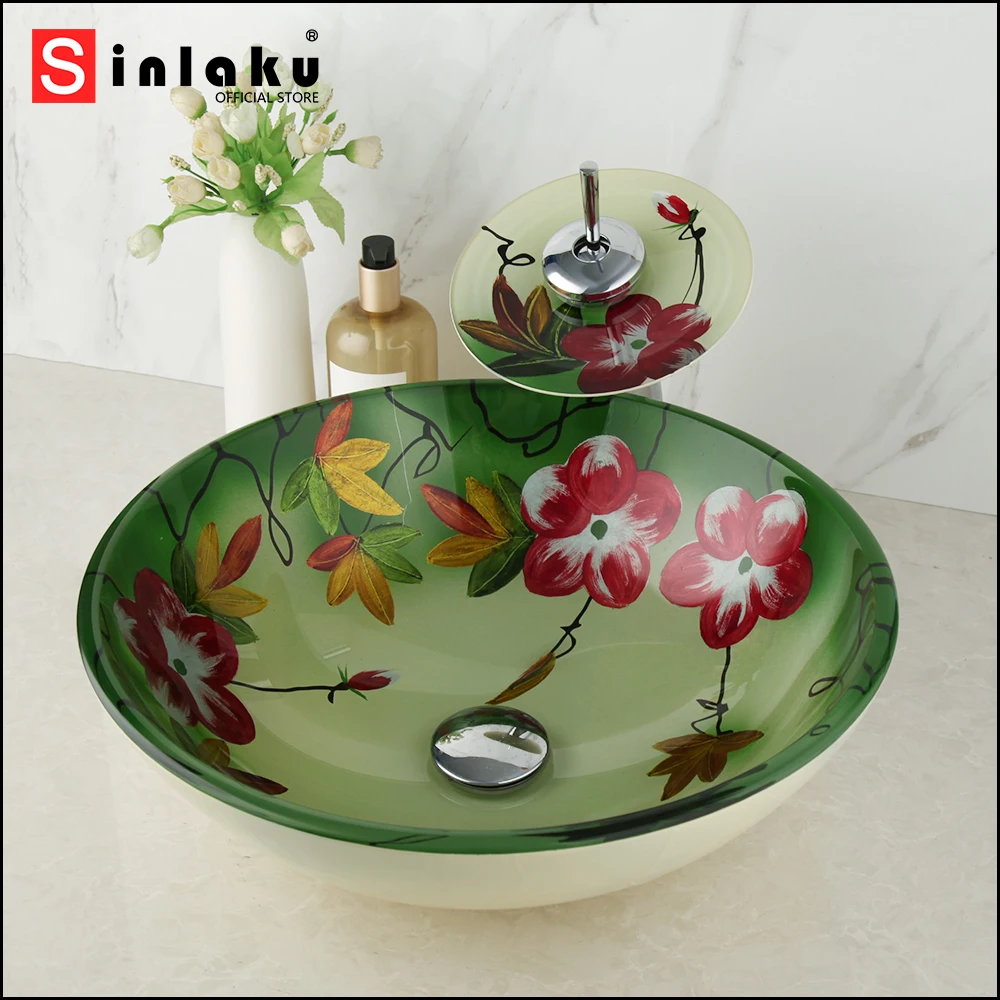 

SINLAKU Bathroom Tempering Glass Flower Patterns Round Basin Set Deck Mounted With Single Handle Waterfall Outlet Faucet Mixer