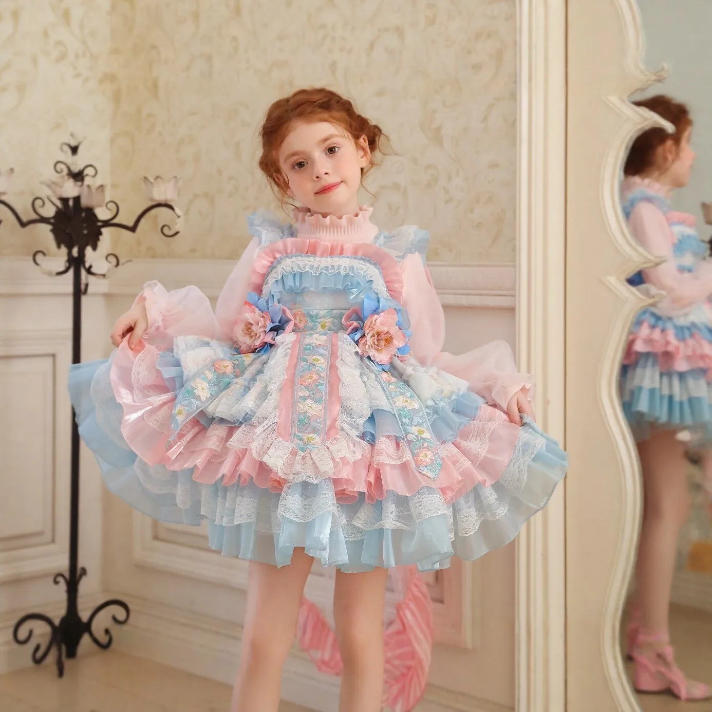 Mädchen Rosa Blaues Lolita-Kleid mit 3D-Blumen, Spitze, Rüschen, Tüllrock, Puffärmeln, Kinder-Prinzessinnen-Geburtstagsparty-Cosplay-Tutu-Kostüm – Detail 5