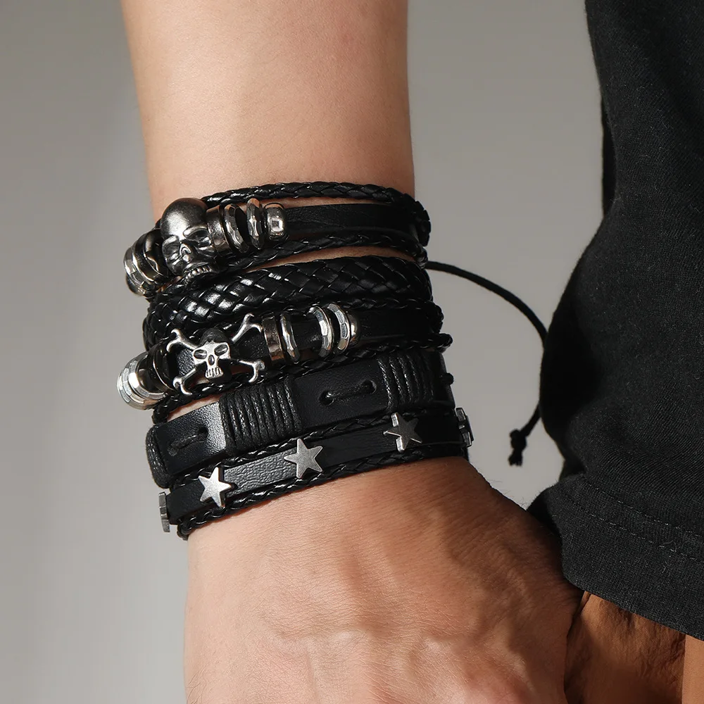 5pcs Punk Style Woven Leather Bracelets For Men Hip Hop Five Pointed Star Skull Men\'s Lace-Up Bracelet Set Gifts For Friend