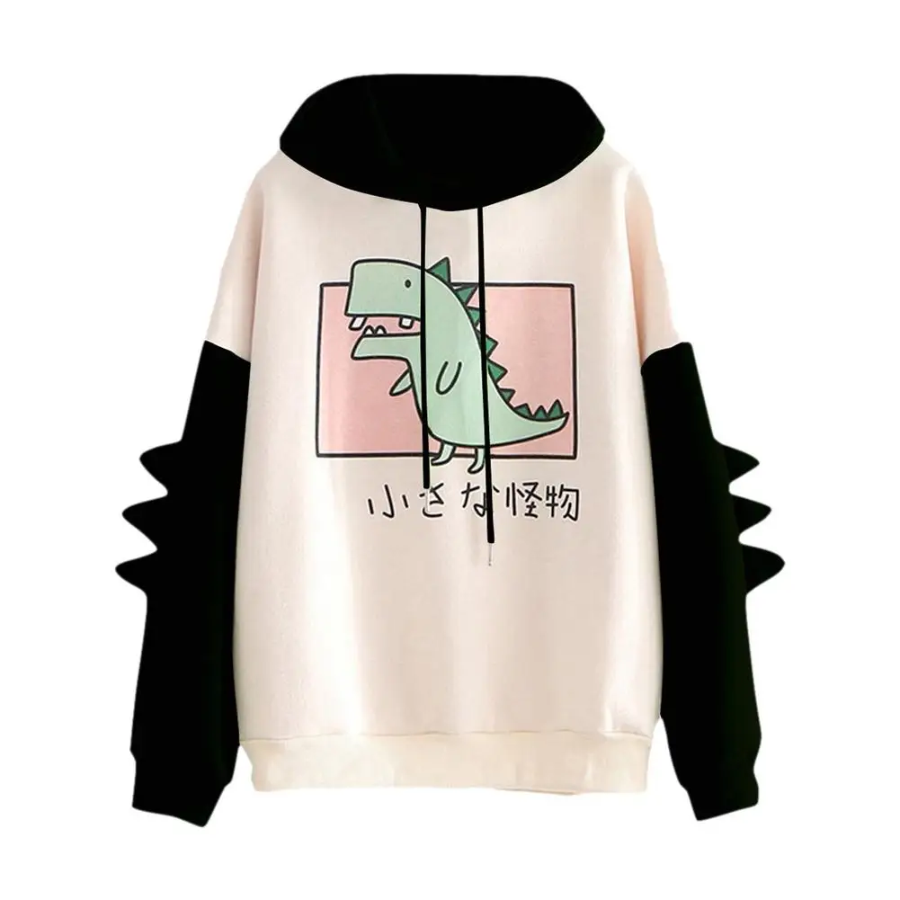 Cute Dinosaur Cartoon felpa con cappuccio donna moda felpa Casual stampa manica lunga stile coreano giuntura top vestiti Kawaii