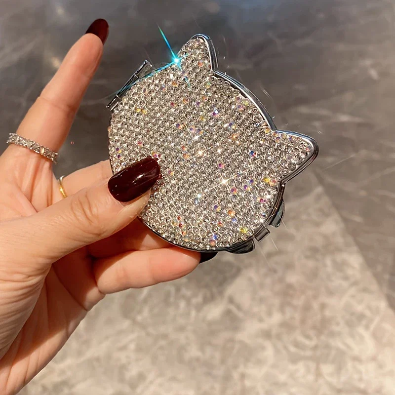 1 PCS Cute Cat Foldable Pocket Mirror With Rhinestones Double Side Mini Diamond Painting Mirror For Home Travel Outdoor Use