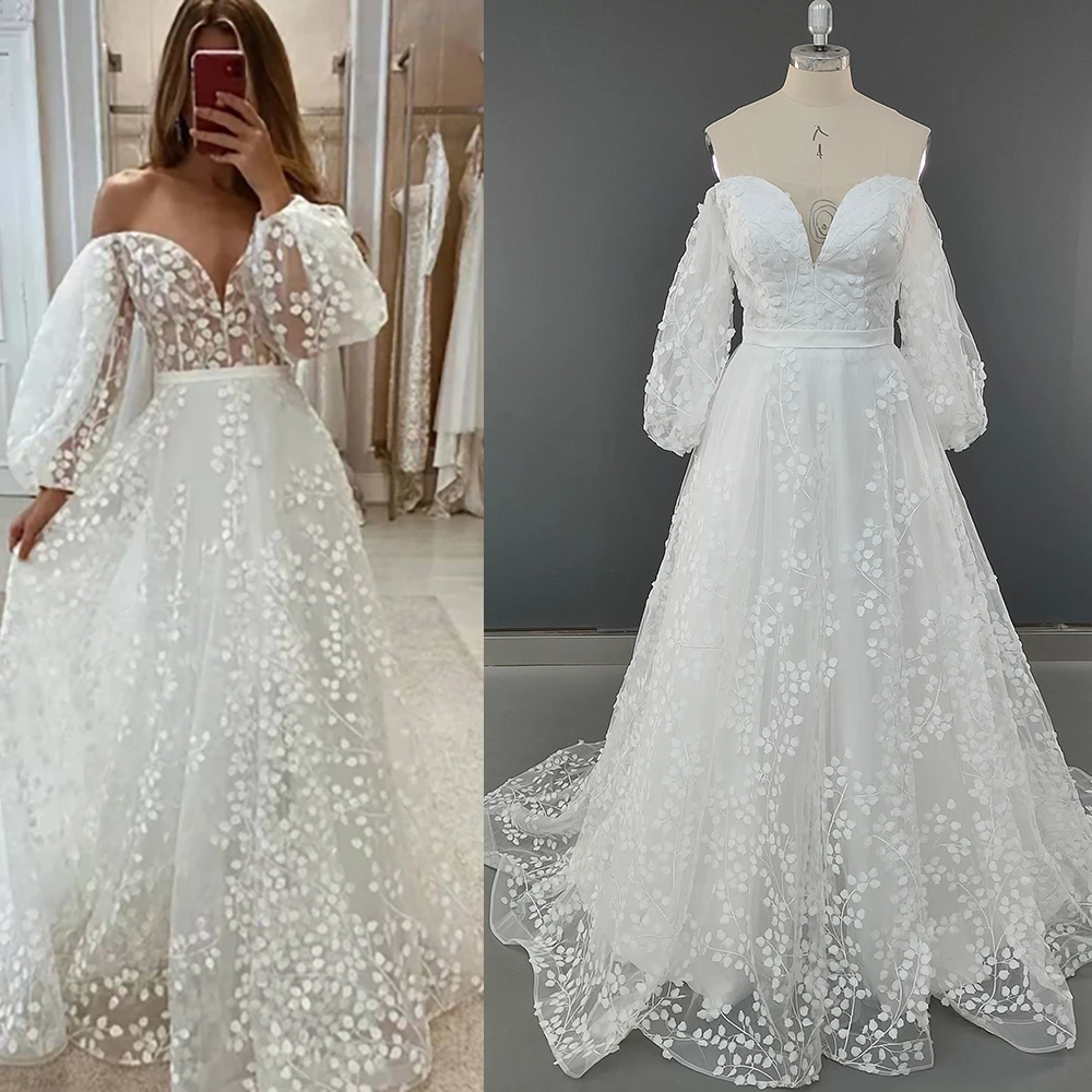 Abito da cerimonia nuziale in pizzo 3D con maniche lunghe a sbuffo e linea a V, scollo a V, abito da sposa modesto con corpetto trasparente personalizzato bianco di lusso