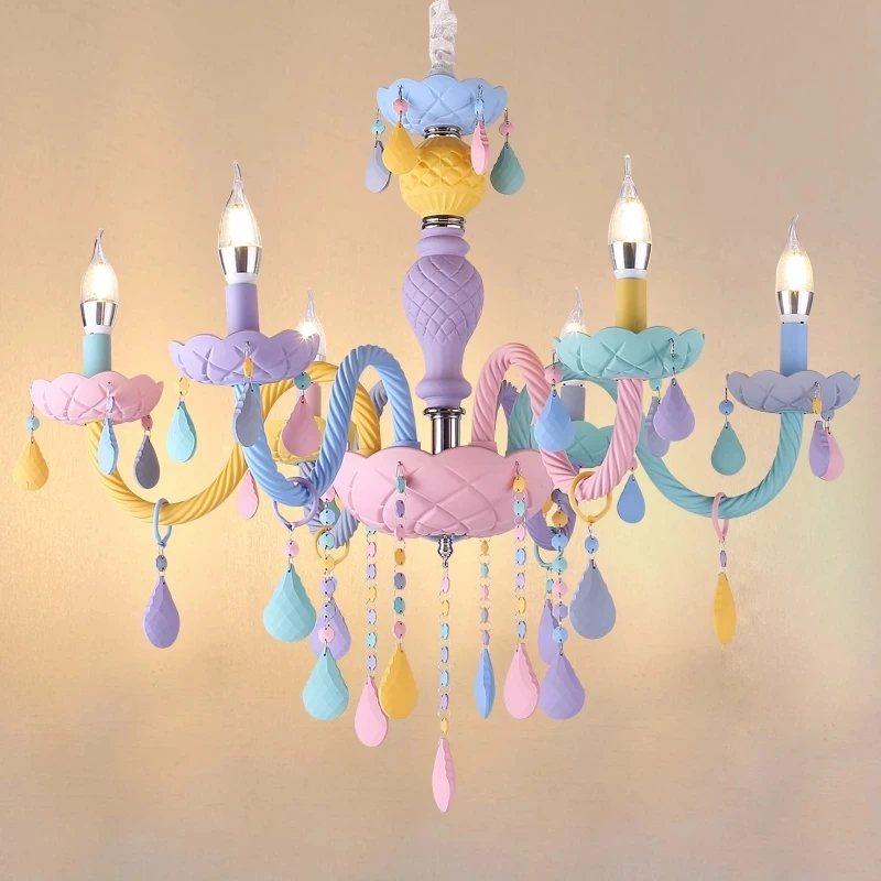 

Modern Rainbow LED Crystal Chandelier European Candle lustres Children's Makaron Girl Princess Pendant Lamps Light Fixtures