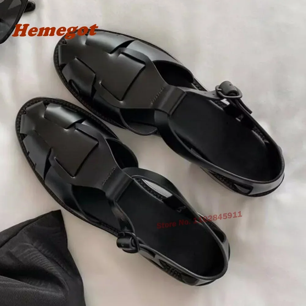 

Hollow Out Slingback Sandals Black Flat with Round Toe Women's Pumps T-Strap Weaven Summer Shoes Luxury Buckle Casual Shoes