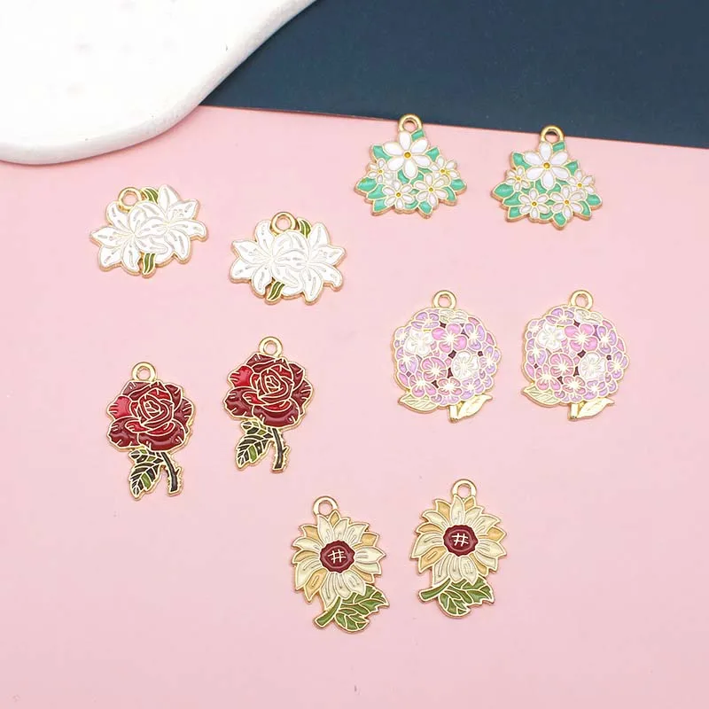 10pcs Mix Lovely Flowers Charms Pendants for Earrings Bracelets Colorful Jasmine Sunflower Rose Sunflowers for DIY Jewelry Makin