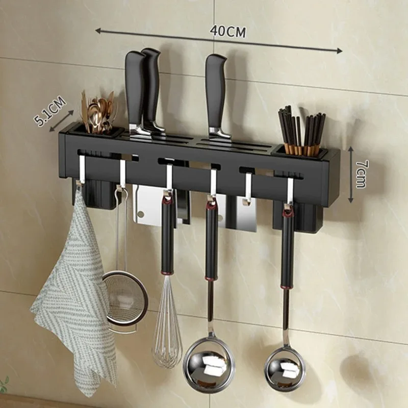 Stainless Steel Frame Wall Mounted Knife Holder Kitchen Nail Free Storage Rack Knife With Hook Kitchen Cabinet Storage Rack