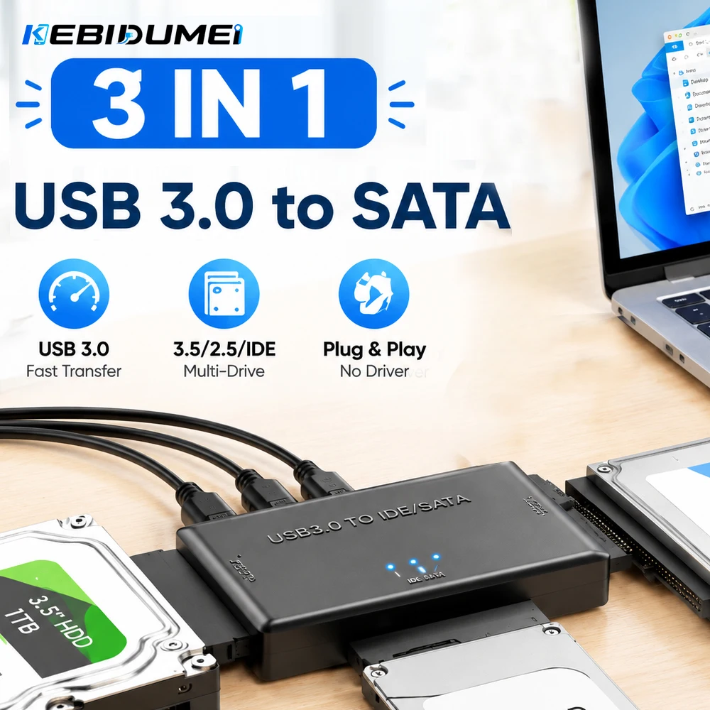 KEBIDUMEI 3 in 1 USB3.0 to SATA IDE Adapter Converter 2.5 3.5 Inch HDD SSD CD DVD ROM CD-RW Optical Hard Disk Reader for Laptop