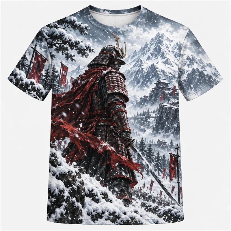 Japanese Samurai T Shirt Men Warrior Dragon Mountain Graphic Short Sleeve Vintage Ukiyo-e Art Streetwear Casual Fashion Tops