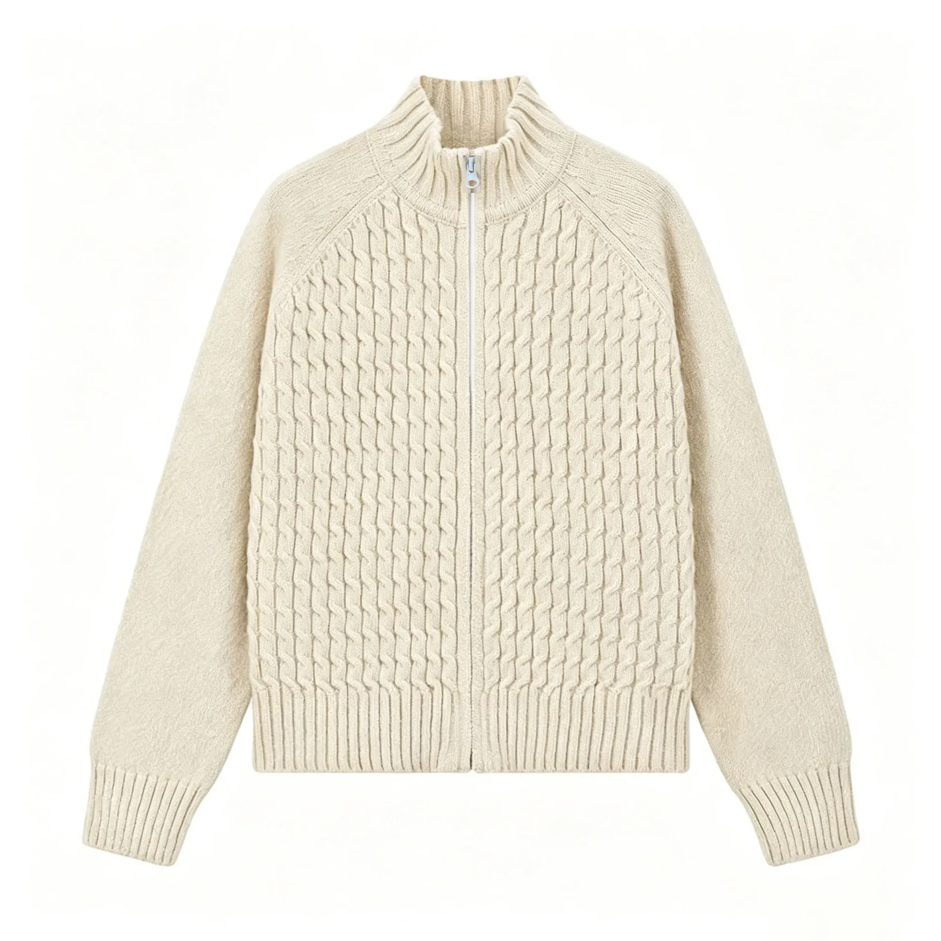 Retro mittelgroßer und großer Kinderpullover mit Zopfmuster, Stehkragen und halbem Reißverschluss für Mädchen – Detail 5