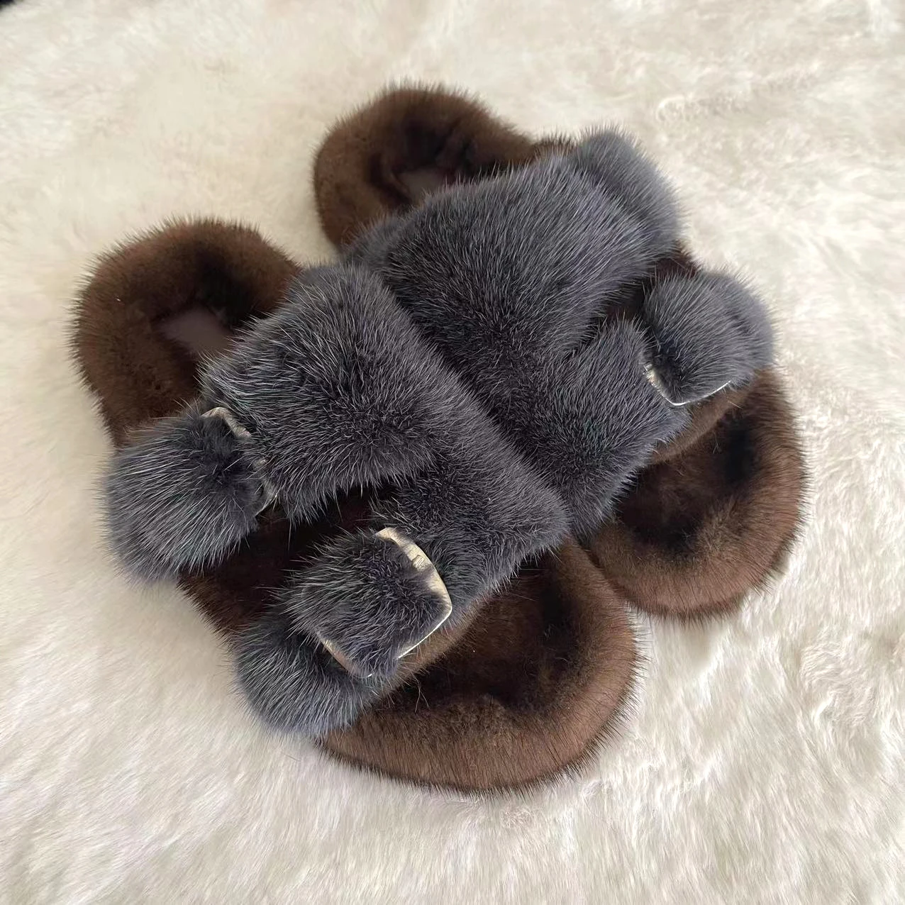 Women's and Men's Mink Shoes Genuine Mink Fur Slippers 2-Tone Slides