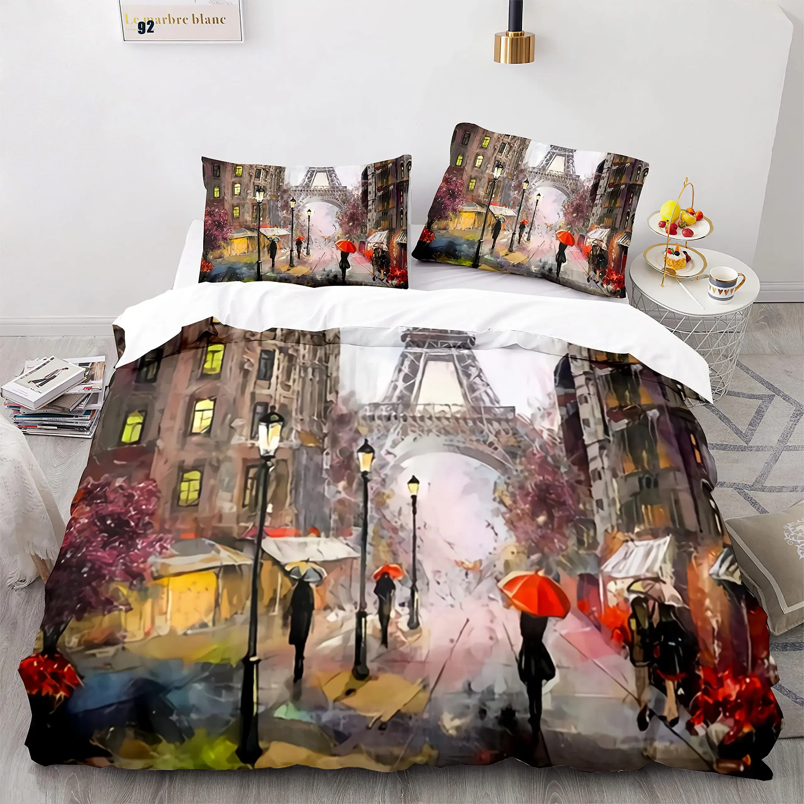 Eiffel Tower Duvet Cover Paris France Bedding Set Retro Red Truck Quilt Cover City Building Automobile Polyester Comforter Cover