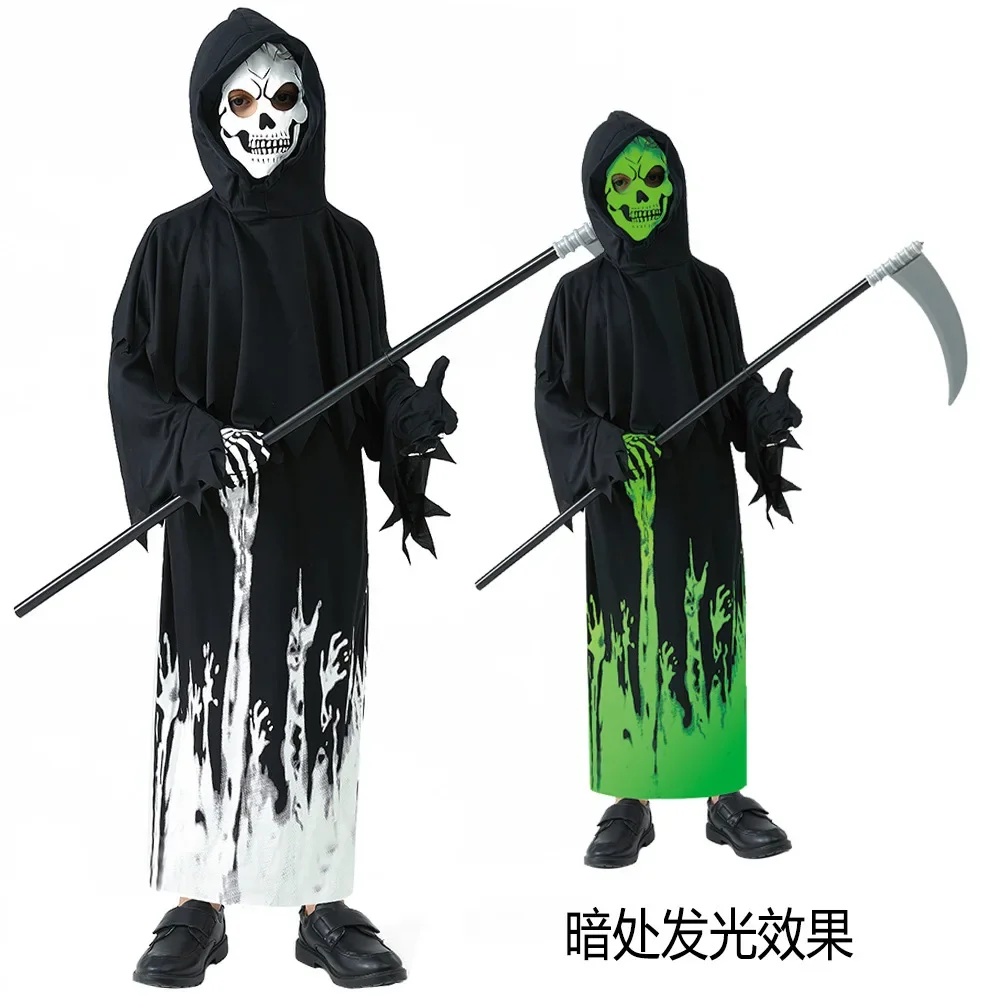 

Hooded Kids Halloween Party Wear Death Cloak Unisex Boys Girls Night Noctilucent Anime Grim Reaper Cosplay Costume for Carnival