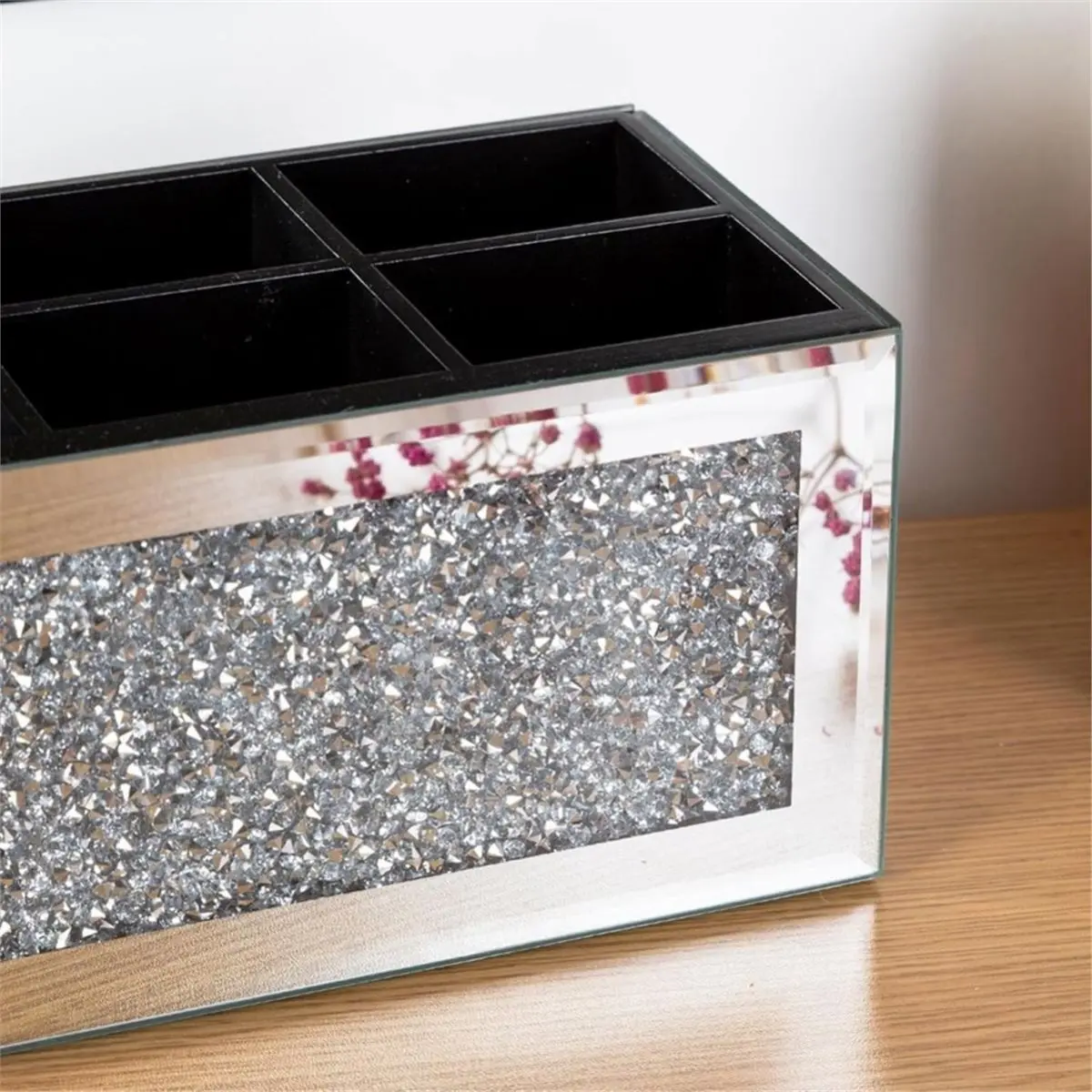 Utility Design Makeup Brush Holder Organizer with Crushed 3 Slot Mirrored Make Up Cosmetics Organizers and Storage