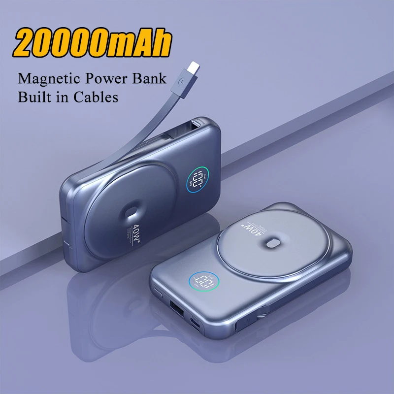 

PD40W Fast Charging Power Bank 20000mAh Magnetic Wireless Charger Powerbank Built in Cable For iPhone 14 13 12 Pro Max Poverbank