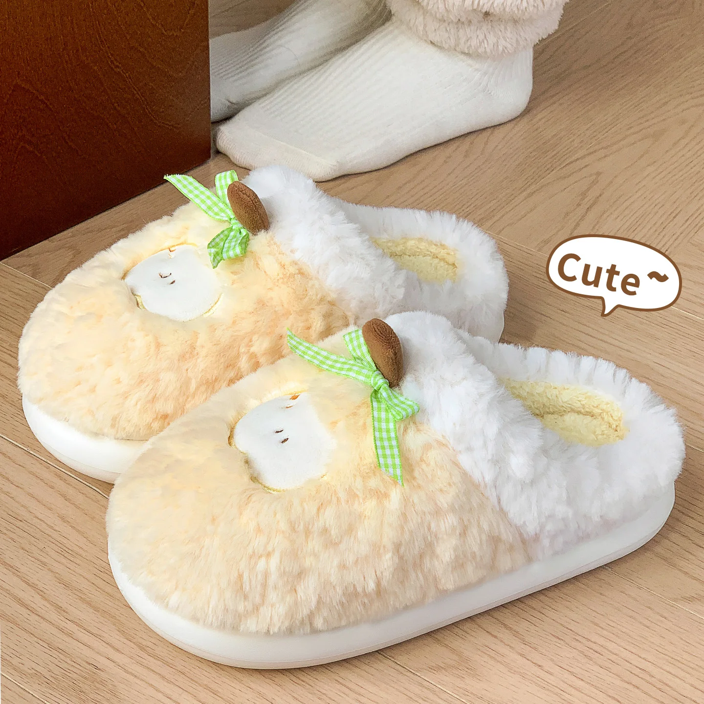 Winter Two‑Tone Fluffy Slippers Unisex Warm Fleece Lined Non‑Slip Thick Platform Indoor Home Shoes