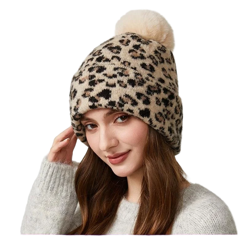 قبعة Pompom محبوكة دافئة جديدة بطبعة الفهد للنساء في الهواء الطلق بدون إطار قبعة بيني #1