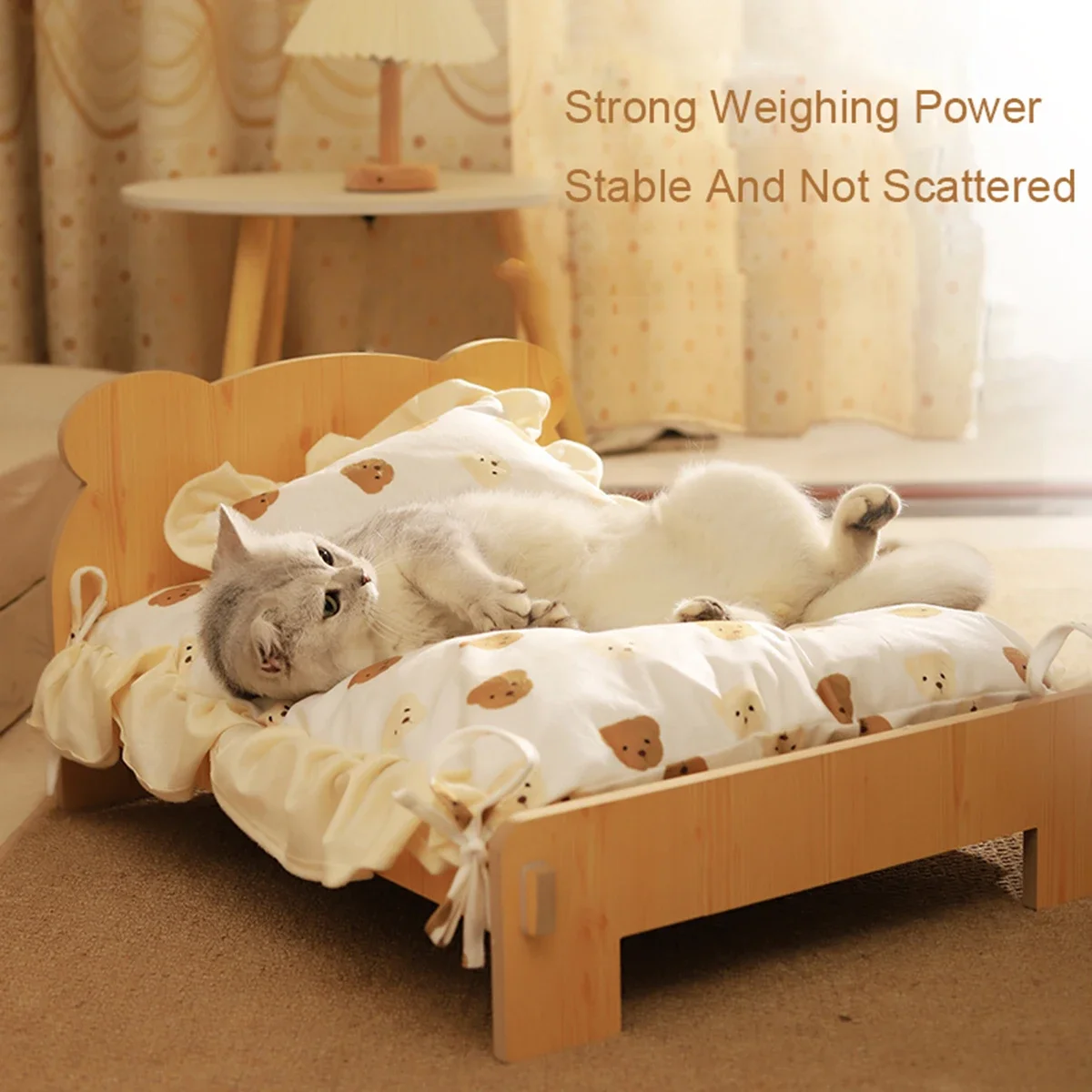 Wooden Elevated Cat Bed Nest Cat Sleeping Pad with Thickened Removable Soft Mat Small Dog Sofa Indoor Furniture Pet Supplies