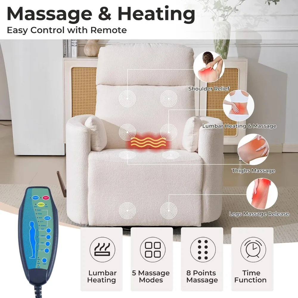 Oversized Swivel Recliner Chair with Massage and Heat, Rocking Chair Nursery with Adjustable Headrest, Rocking Chair Nursery