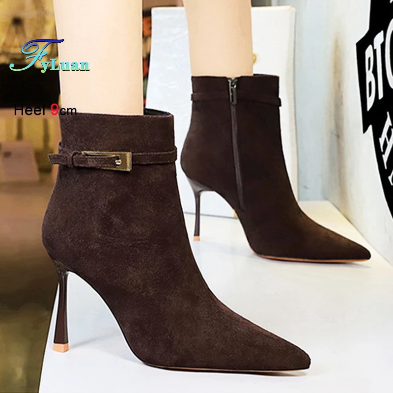 جديد ربيع الخريف خنجر الجلد المدبوغ أحذية بوت قصيرة للنساء 9 سنتيمتر عالية الكعب موضة أنيقة نمط تنوعا الإناث أشار تو الأحذية