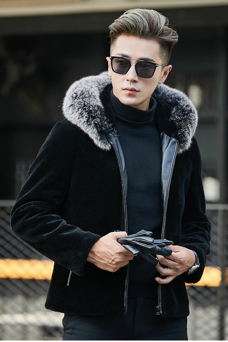 

Winter Black Faux Fur Coat Men Plush Thick Furry Coat Male Fox Fur Collar Zip Up Hooded Jacket Oversize Male Warm Outerwear 4xl