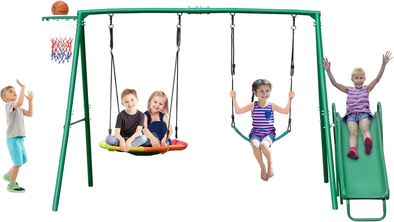 Swing Sets for Backyard with Slide, Heavy Duty Metal Swing Stand, Saucer Swing, Belt Swing