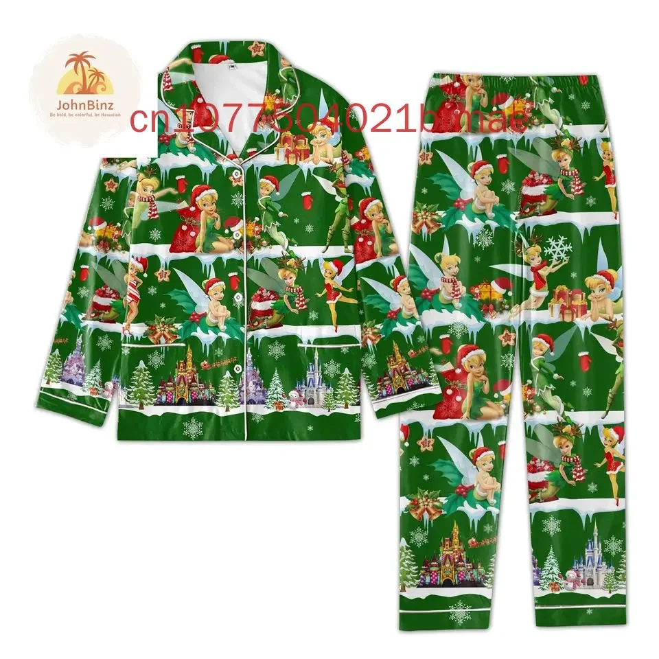 Disney Christmas Tinker Bell Pajamas Set Spring and Summer New Disney Women\'s Casual Shirt Long Sleeved Pajamas