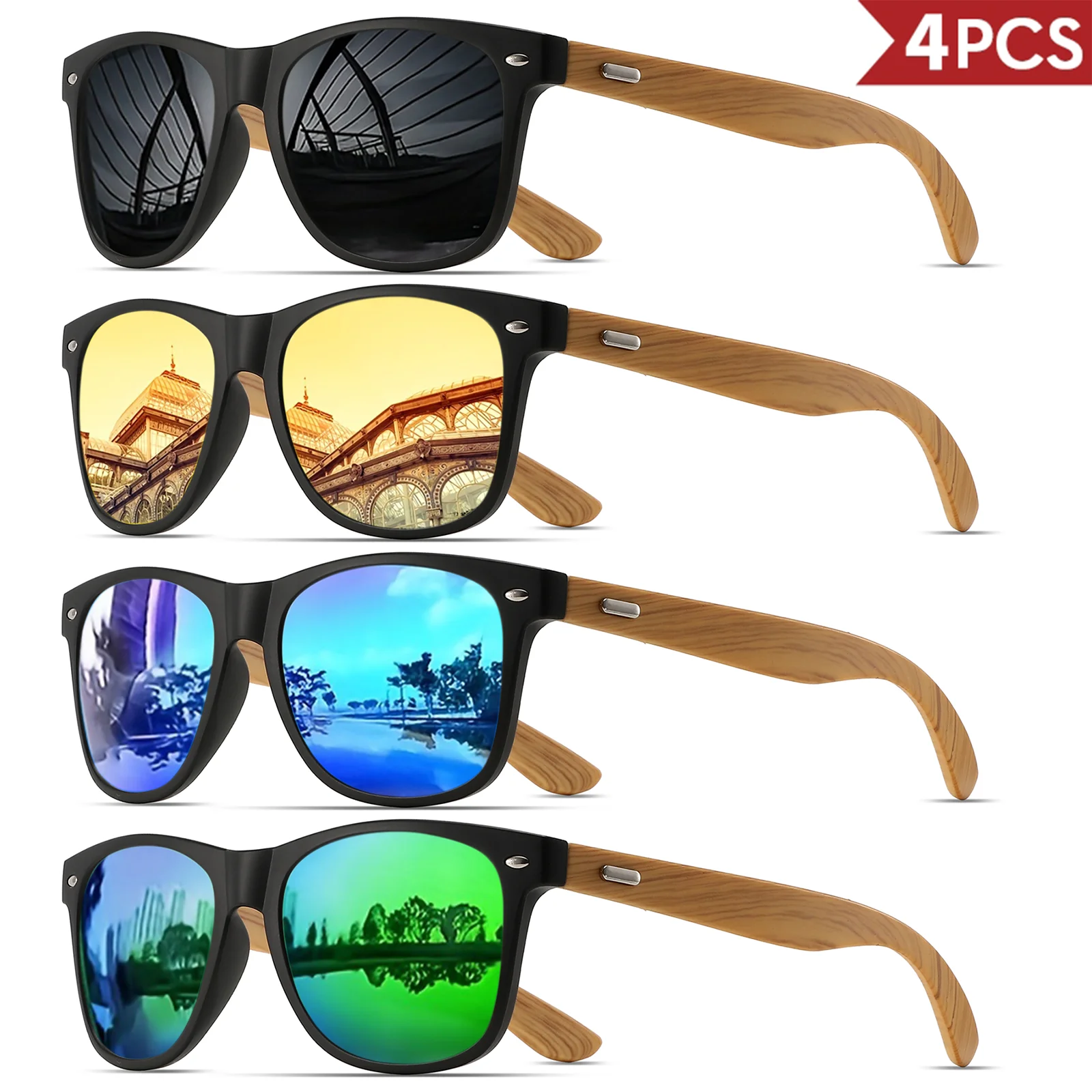 

4PCS Bamboo Texture Square Sunglasses UV400, Fashion Unisex Classic - Lightweight for Casual Wear & Holidays