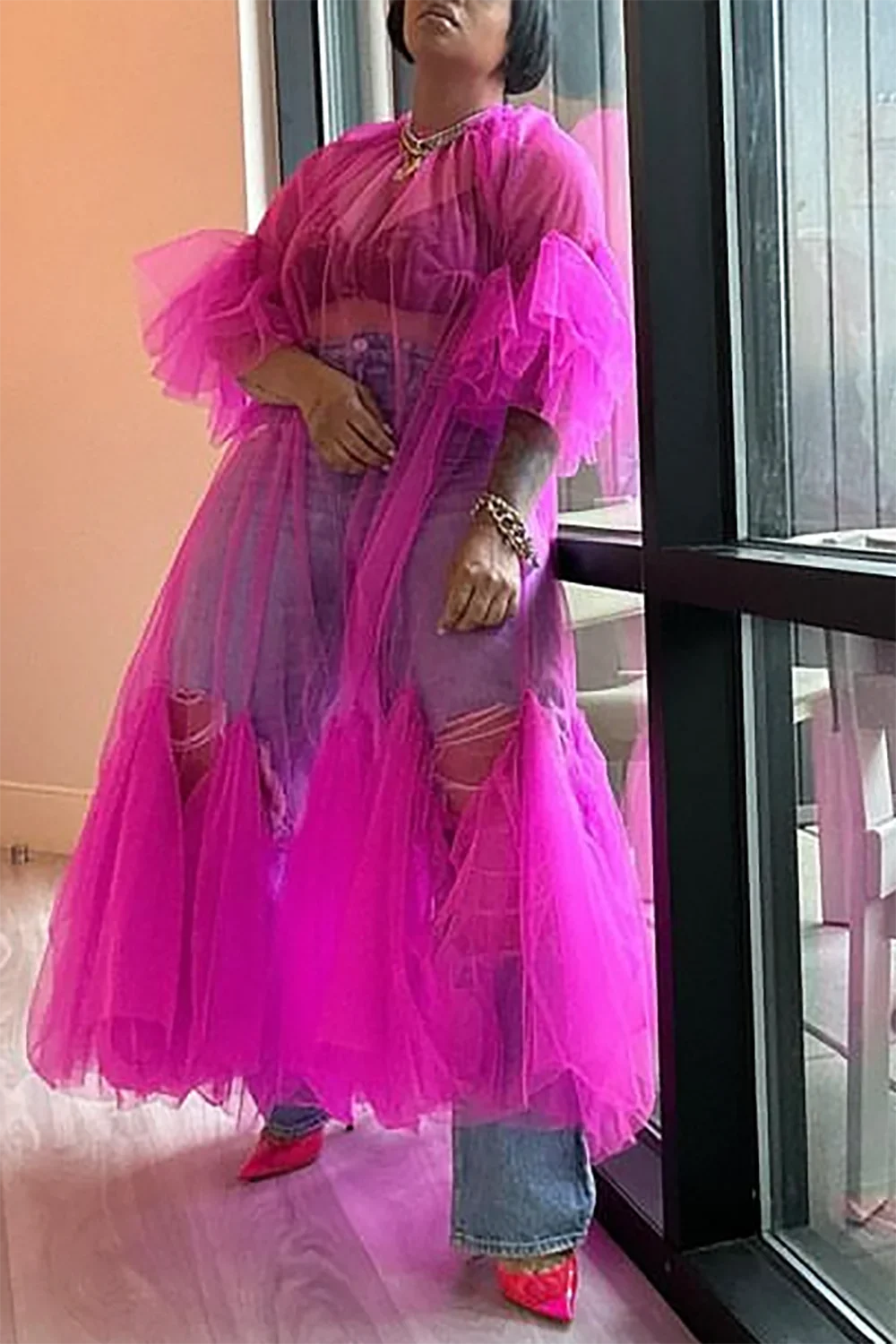 Vestido de talla grande para mujer, manga de pétalo, malla fina, Sexy, elegante, dobladillo con volantes, Magenta, cuello redondo, tul plisado, transparente