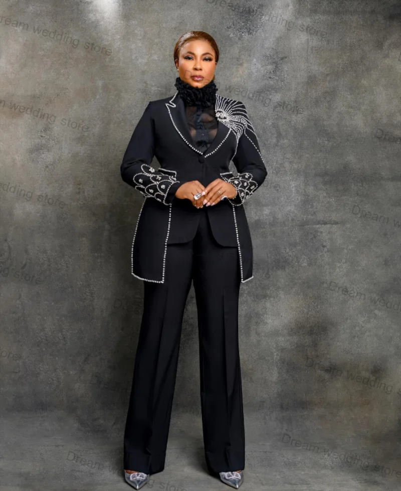 

Crystals Formal 2 Pieces Black Women Suits Pant Set Blazer+Trousers Office Lady Coat Luxury Wedding Tuxedo Jacket Tailored Size