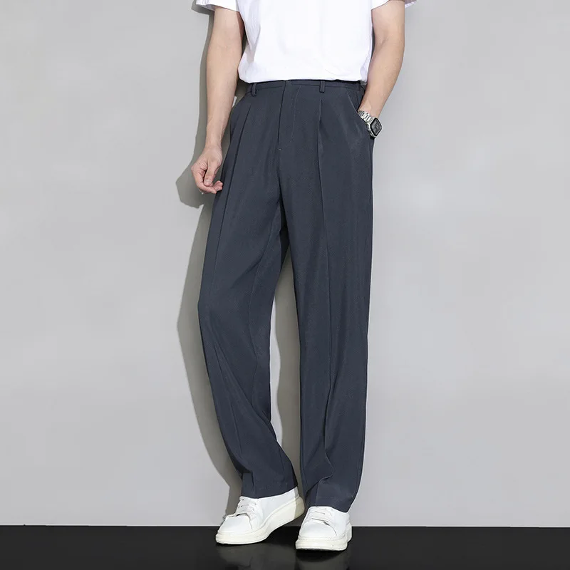 Men's Summer Thin Ice Silk Trousers, Wide-Leg, Straight-Cut, Loose-Fitting, Casual Long Pants With A High-End Drape, Suitable