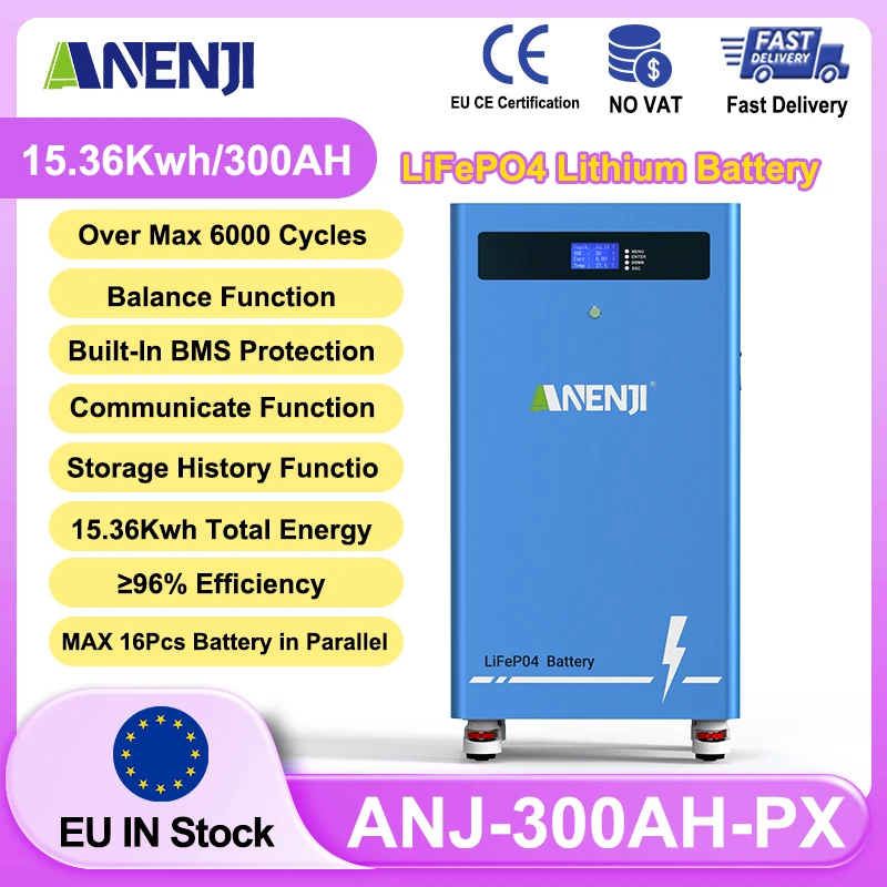 ANENJI LiFePO4 Lithium-Solarbatterie 51,2V 300AH 15kWh mit BMS-Speicherbatterie-Serienpack für Heimenergiespeichersysteme